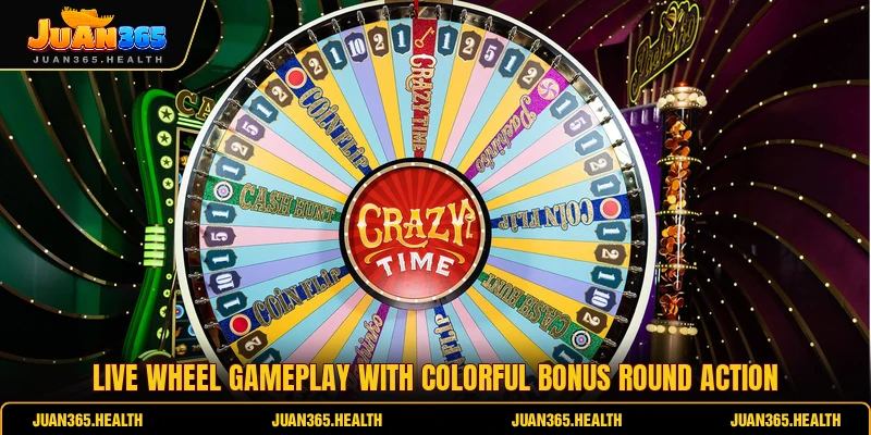 Live wheel gameplay with colorful bonus round action
