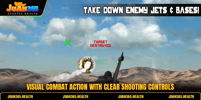 Visual combat action with clear shooting controls