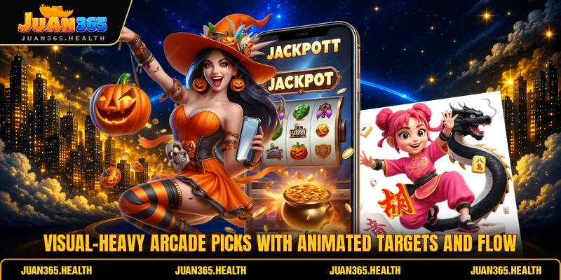 Visual-heavy Arcade picks with animated targets and flow